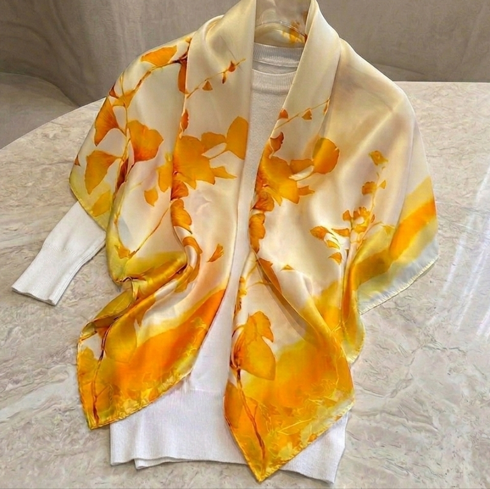 NWT Ginko Leaf Square Scarf - Vibrant Yellow/Orange 35" Neck Scarf Head Scarf